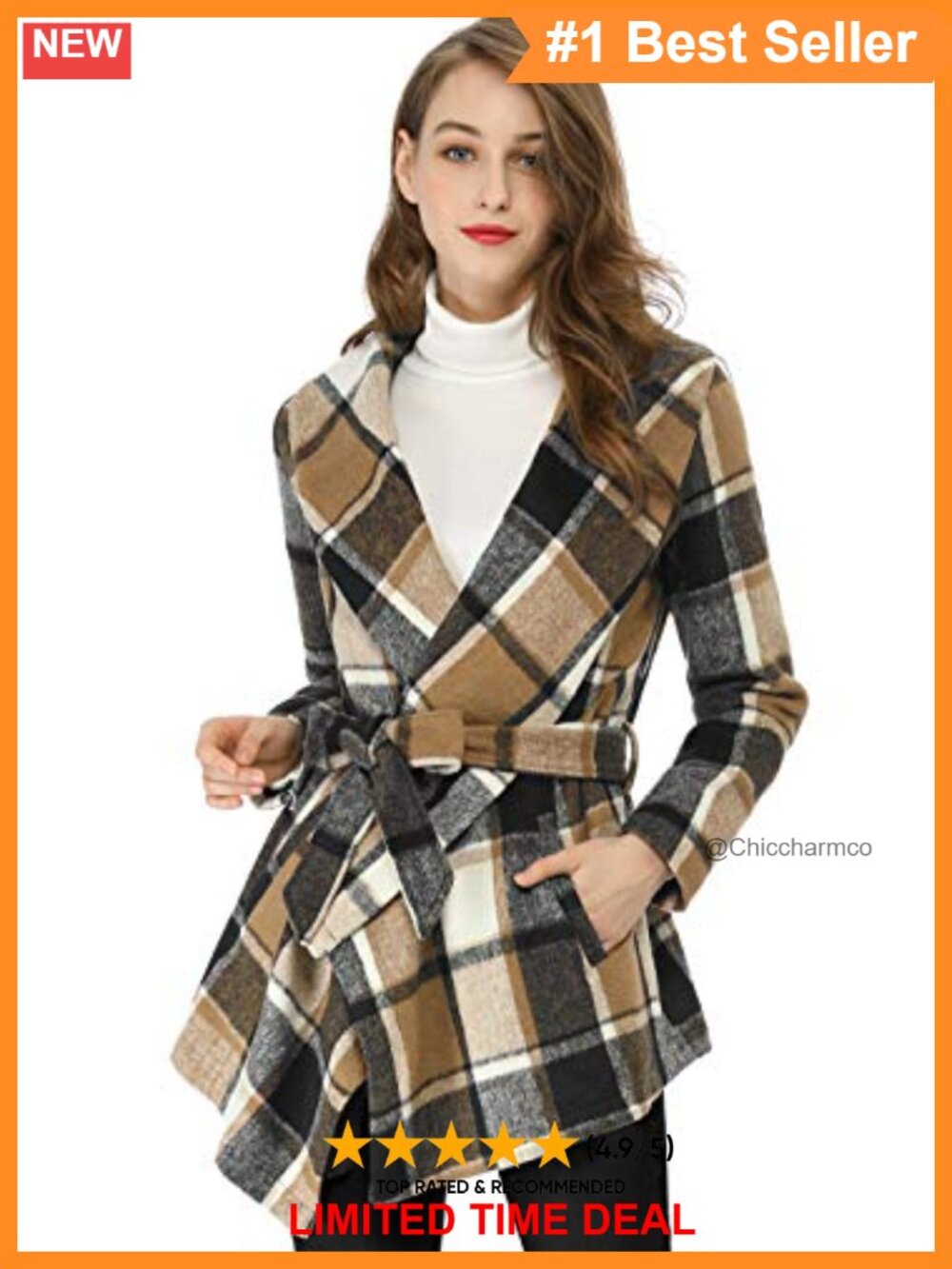 Plaid Wrap Coat Asymmetric High Low Hem Belted Casual Chic